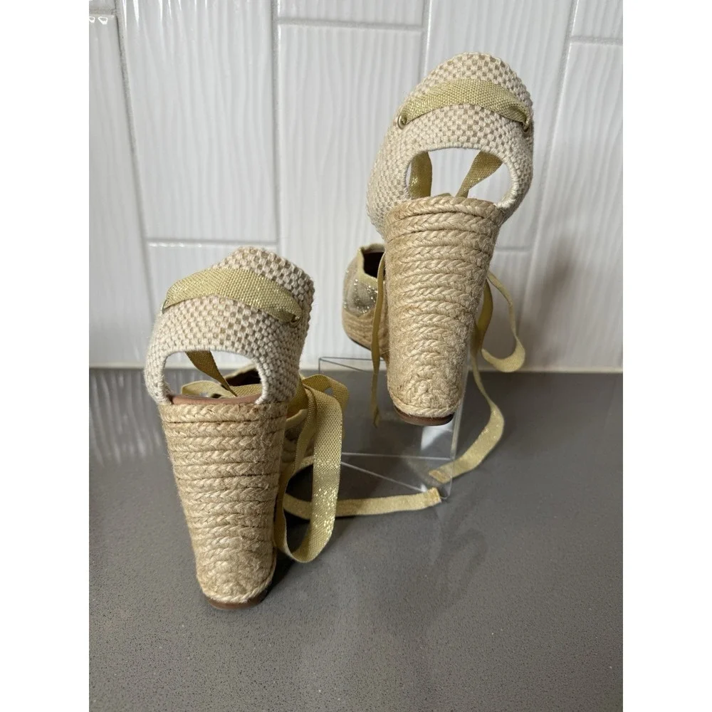 Kate Spade Gold Tan Espadrille Wedge Ankle Tie Sandals Shoes Women's Size 8M EUC